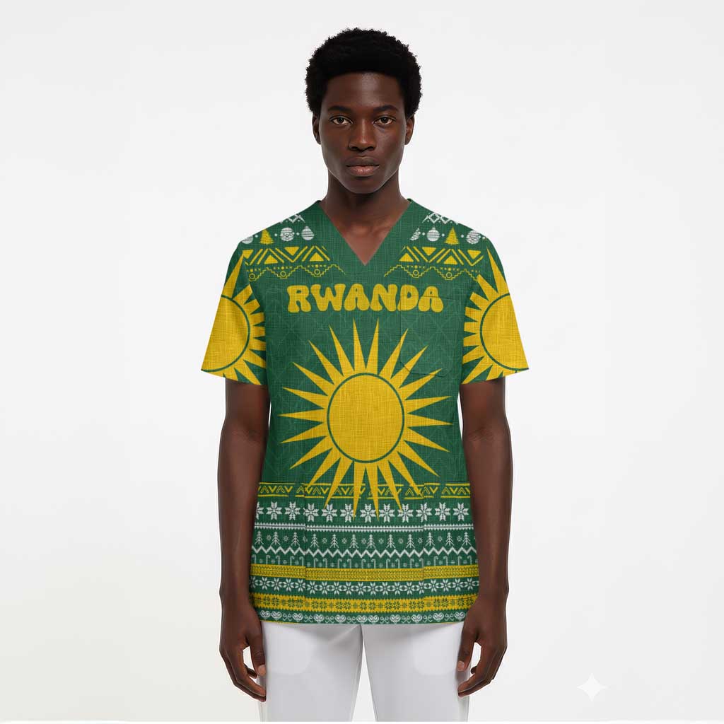 Rwanda Christmas Scrub Top National Emblem and Radiant Sun Motif - African Pride