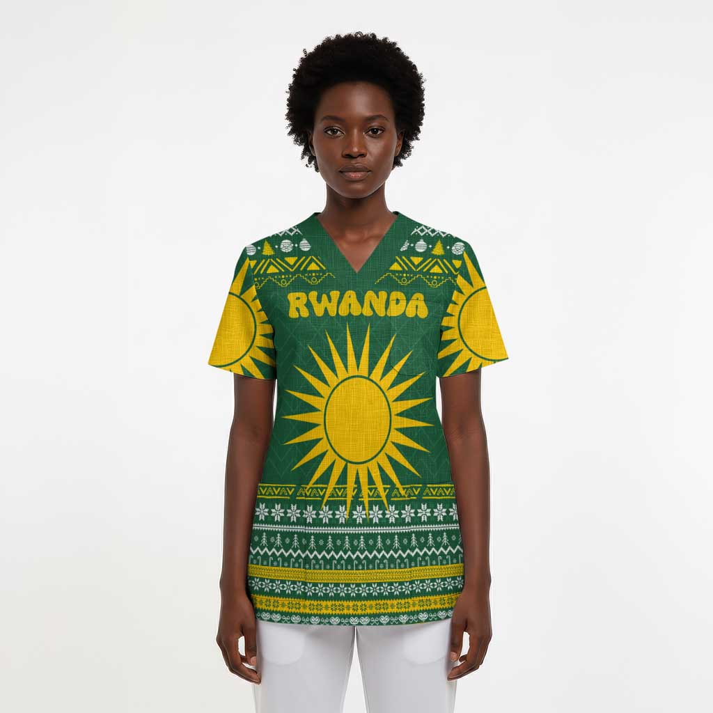 Rwanda Christmas Scrub Top National Emblem and Radiant Sun Motif - African Pride
