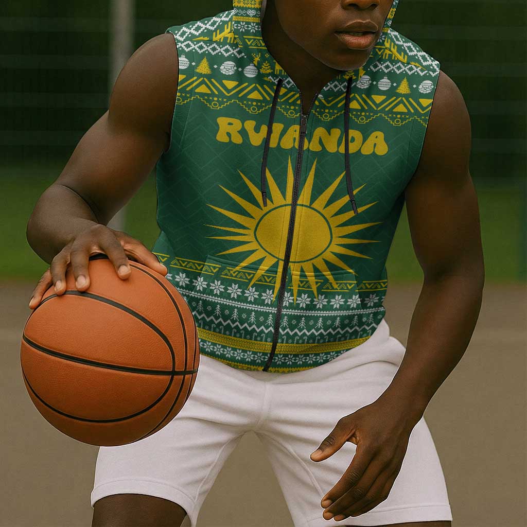 Rwanda Christmas Sleeveless Zip Hoodie National Emblem and Radiant Sun Motif - African Pride