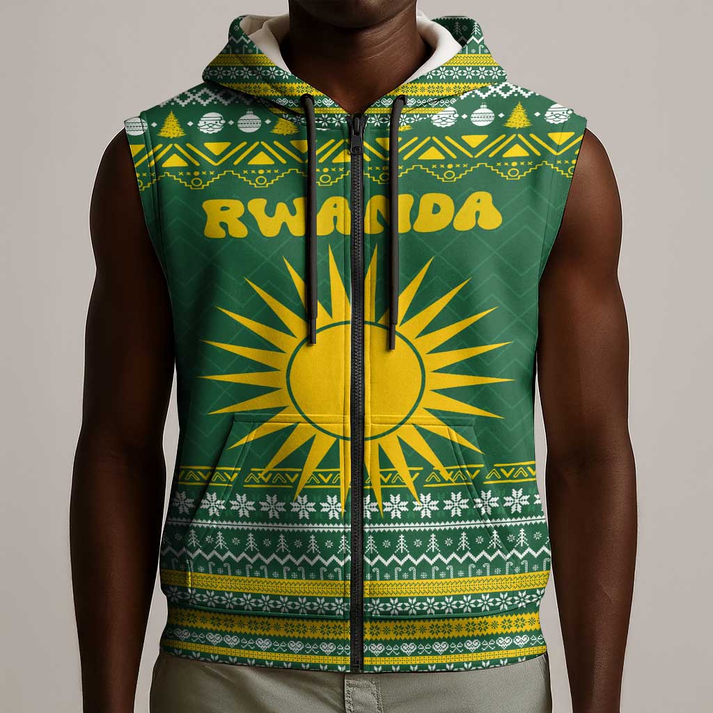 Rwanda Christmas Sleeveless Zip Hoodie National Emblem and Radiant Sun Motif - African Pride