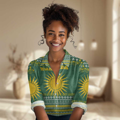 Rwanda Christmas Women Casual Shirt National Emblem and Radiant Sun Motif - African Pride