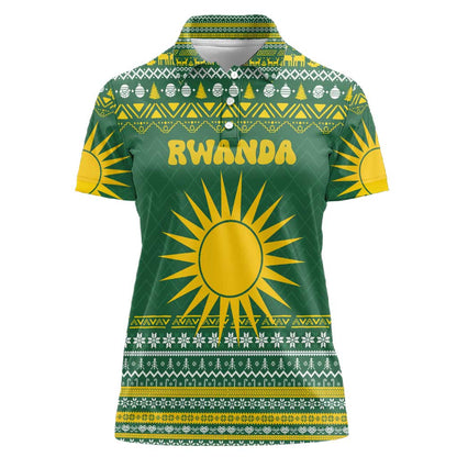 Rwanda Christmas Women Polo Shirt National Emblem and Radiant Sun Motif - African Pride