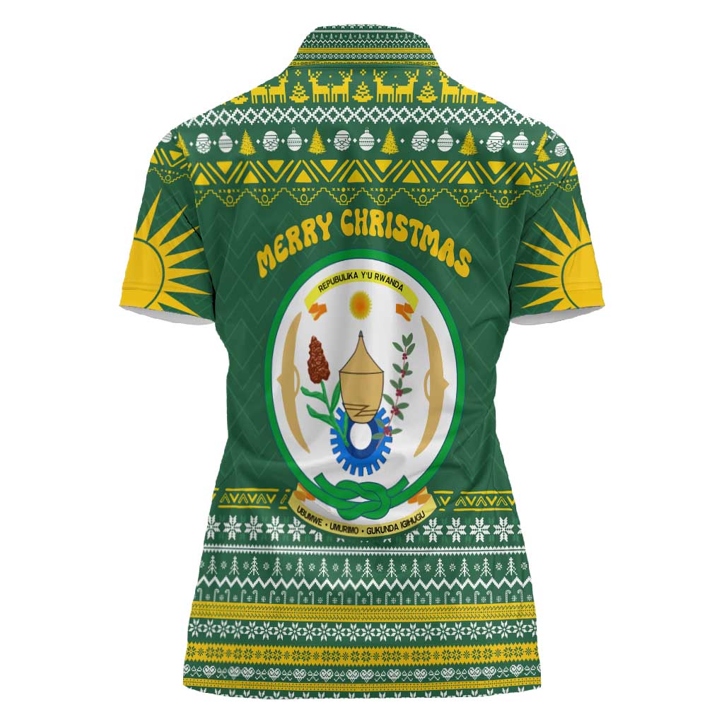Rwanda Christmas Women Polo Shirt National Emblem and Radiant Sun Motif - African Pride