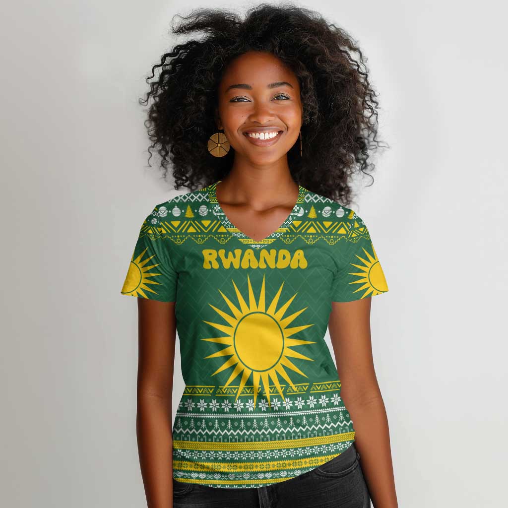 Rwanda Christmas Women V-Neck T-Shirt National Emblem and Radiant Sun Motif - African Pride
