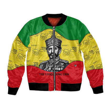Haile Selassie I Bomber Jacket Ethiopia Lion of Judah and Conquering Lion Pattern Tribute - African Pride