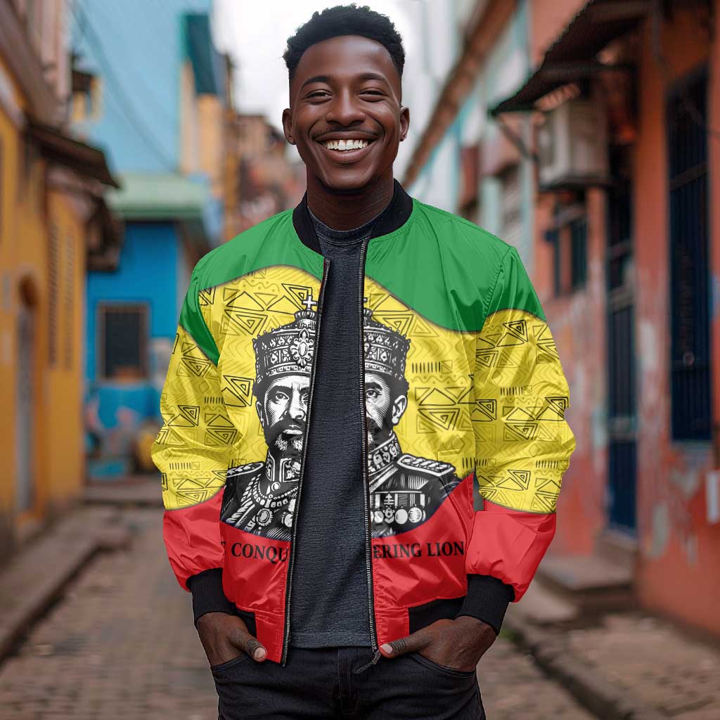 Haile Selassie I Bomber Jacket Ethiopia Lion of Judah and Conquering Lion Pattern Tribute - African Pride