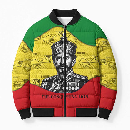 Haile Selassie I Bomber Puffer Jacket Ethiopia Lion of Judah and Conquering Lion Pattern Tribute - African Pride