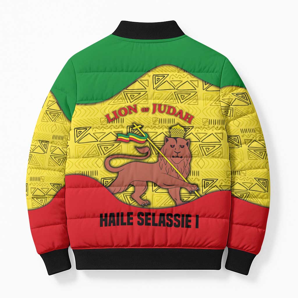 Haile Selassie I Bomber Puffer Jacket Ethiopia Lion of Judah and Conquering Lion Pattern Tribute - African Pride