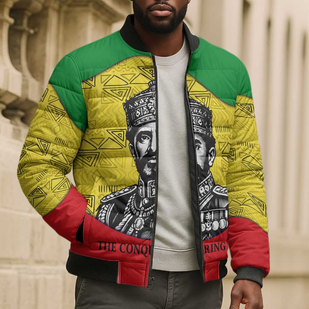 Haile Selassie I Bomber Puffer Jacket Ethiopia Lion of Judah and Conquering Lion Pattern Tribute - African Pride