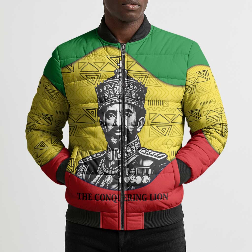 Haile Selassie I Bomber Puffer Jacket Ethiopia Lion of Judah and Conquering Lion Pattern Tribute - African Pride