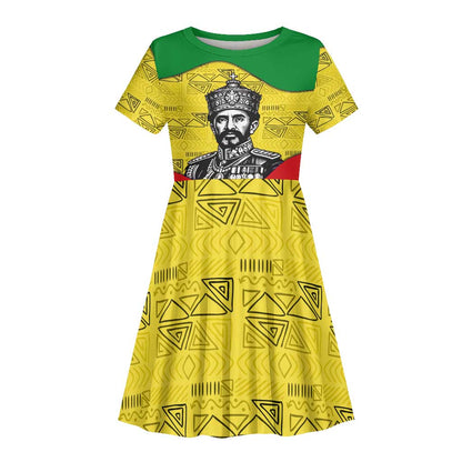 Haile Selassie I Kid Short Sleeve Dress Ethiopia Lion of Judah and Conquering Lion Pattern Tribute - African Pride