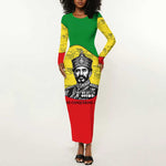 Haile Selassie I Long Sleeve Bodycon Dress Ethiopia Lion of Judah and Conquering Lion Pattern Tribute - African Pride