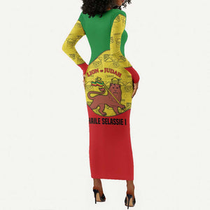 Haile Selassie I Long Sleeve Bodycon Dress Ethiopia Lion of Judah and Conquering Lion Pattern Tribute - African Pride