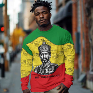 Haile Selassie I Long Sleeve Shirt Ethiopia Lion of Judah and Conquering Lion Pattern Tribute - African Pride