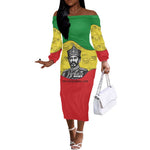 Haile Selassie I Off The Shoulder Long Sleeve Dress Ethiopia Lion of Judah and Conquering Lion Pattern Tribute - African Pride