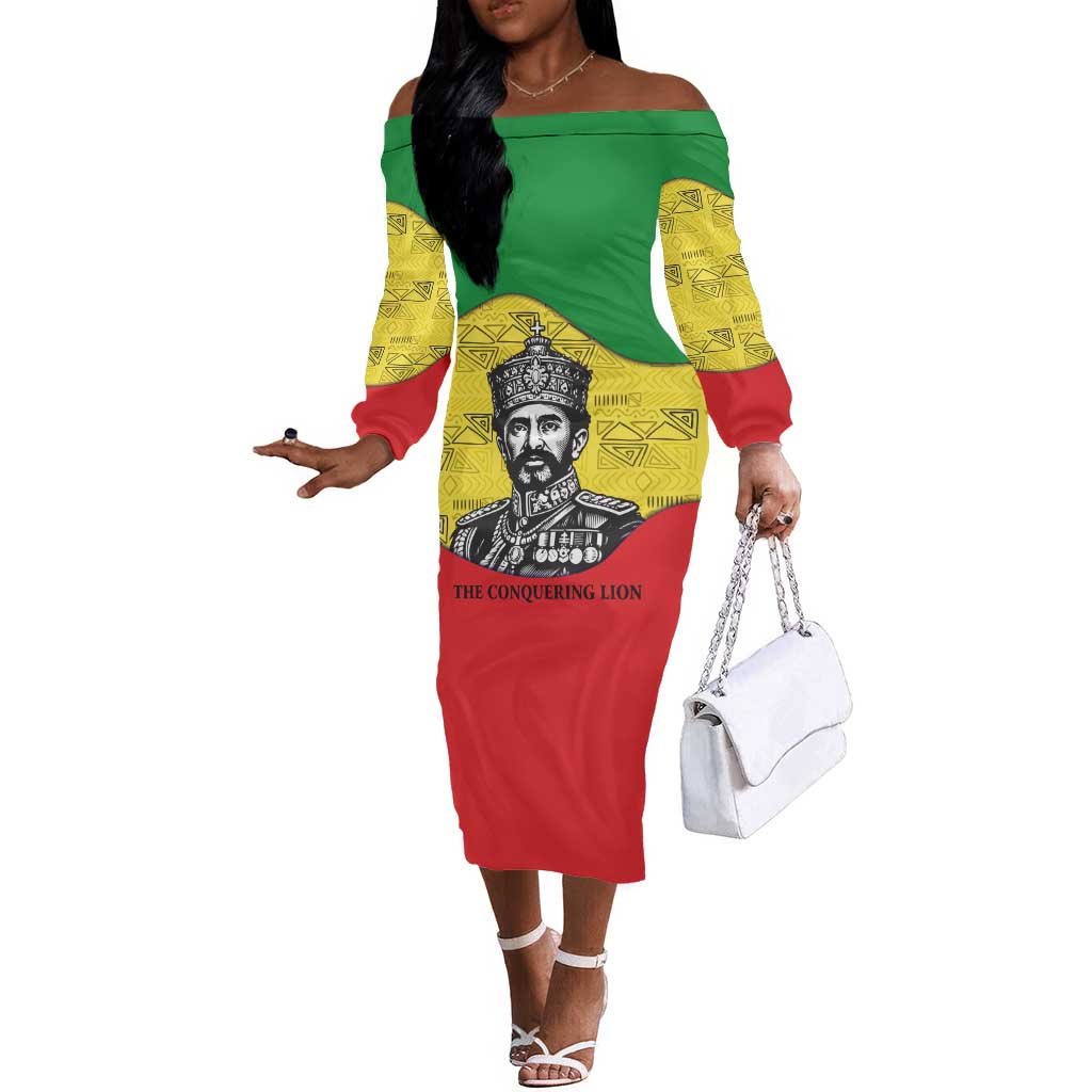 Haile Selassie I Off The Shoulder Long Sleeve Dress Ethiopia Lion of Judah and Conquering Lion Pattern Tribute - African Pride