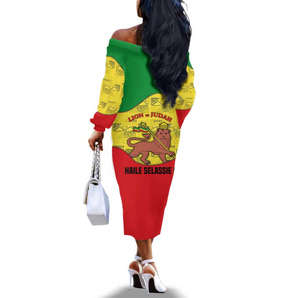 Haile Selassie I Off The Shoulder Long Sleeve Dress Ethiopia Lion of Judah and Conquering Lion Pattern Tribute - African Pride