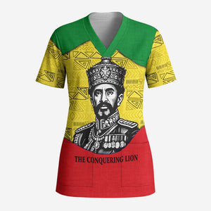 Haile Selassie I Scrub Top Ethiopia Lion of Judah and Conquering Lion Pattern Tribute - African Pride