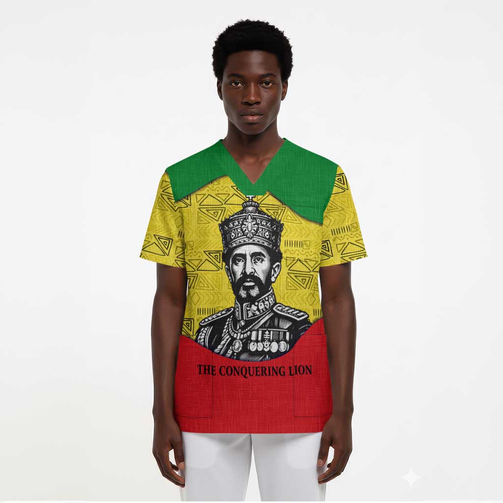 Haile Selassie I Scrub Top Ethiopia Lion of Judah and Conquering Lion Pattern Tribute - African Pride