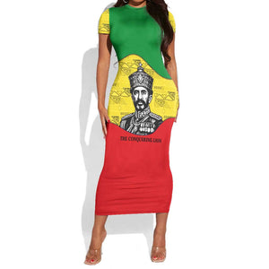 Haile Selassie I Short Sleeve Bodycon Dress Ethiopia Lion of Judah and Conquering Lion Pattern Tribute - African Pride