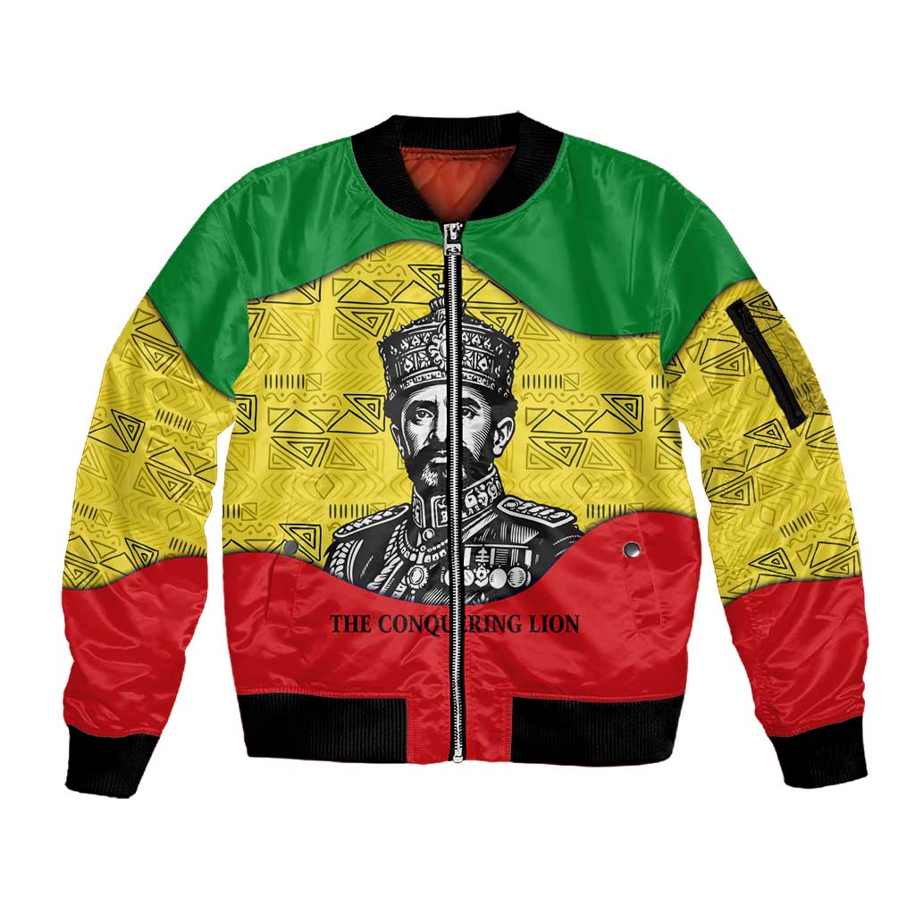 Haile Selassie I Sleeve Zip Bomber Jacket Ethiopia Lion of Judah and Conquering Lion Pattern Tribute - African Pride