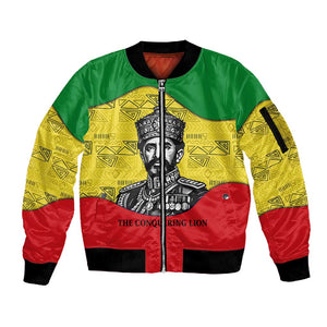 Haile Selassie I Sleeve Zip Bomber Jacket Ethiopia Lion of Judah and Conquering Lion Pattern Tribute - African Pride