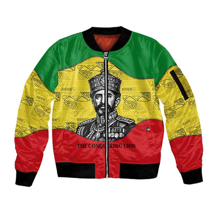 Haile Selassie I Sleeve Zip Bomber Jacket Ethiopia Lion of Judah and Conquering Lion Pattern Tribute - African Pride