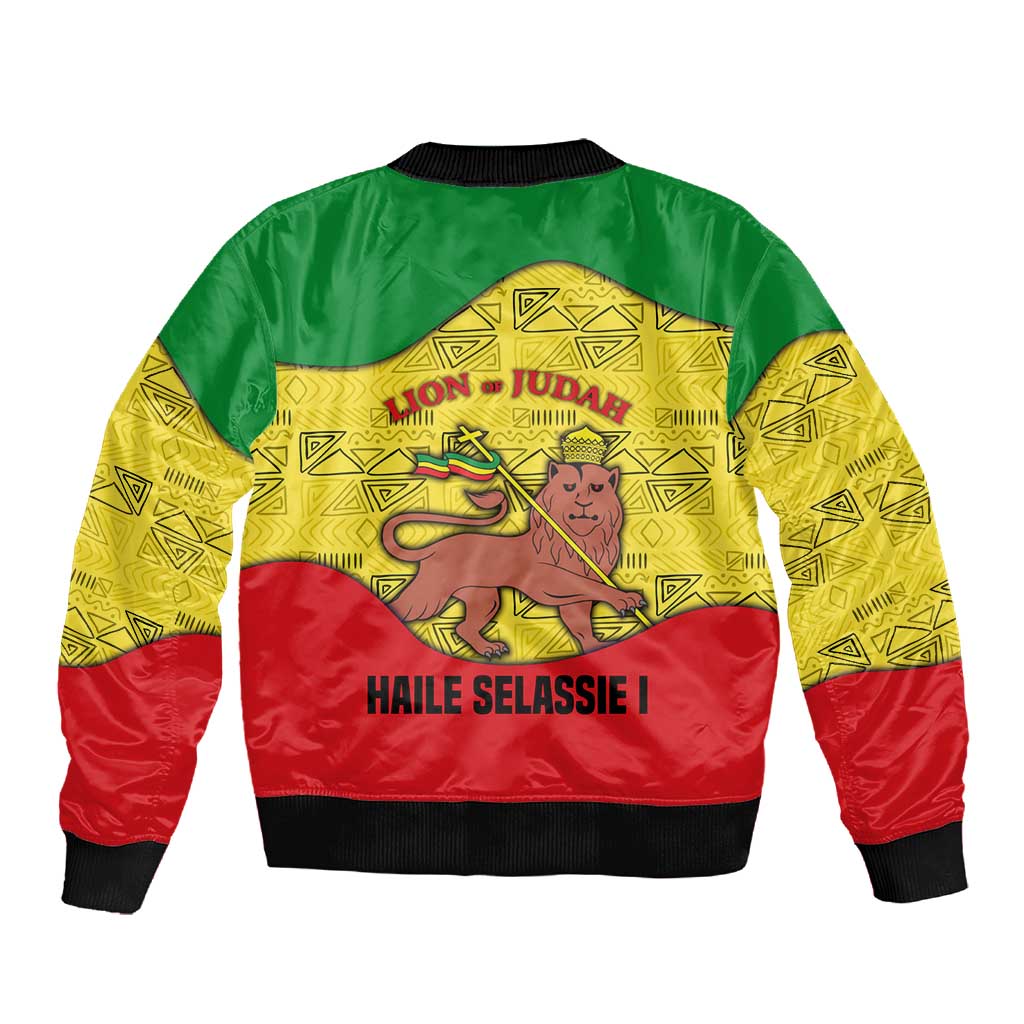 Haile Selassie I Sleeve Zip Bomber Jacket Ethiopia Lion of Judah and Conquering Lion Pattern Tribute - African Pride