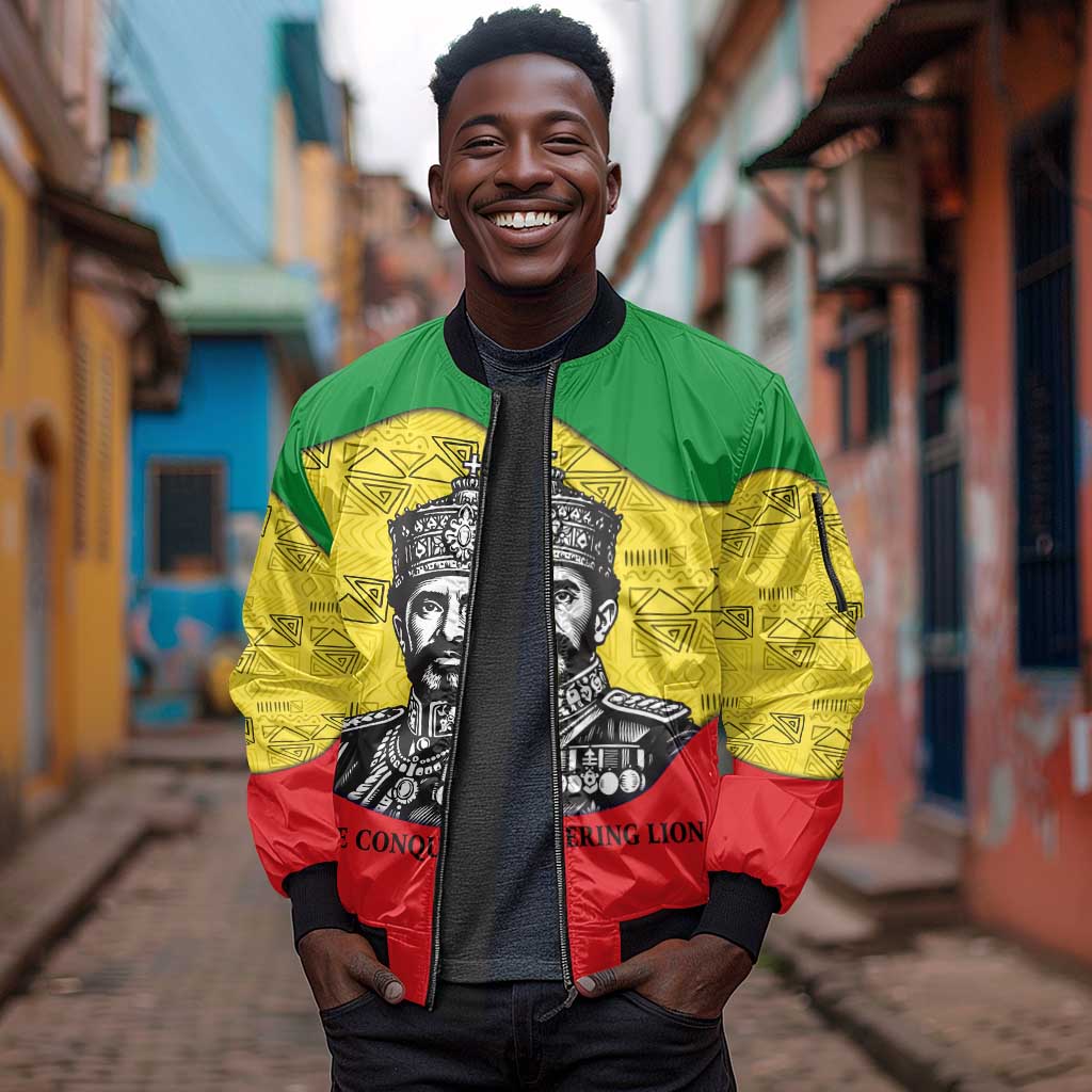 Haile Selassie I Sleeve Zip Bomber Jacket Ethiopia Lion of Judah and Conquering Lion Pattern Tribute - African Pride