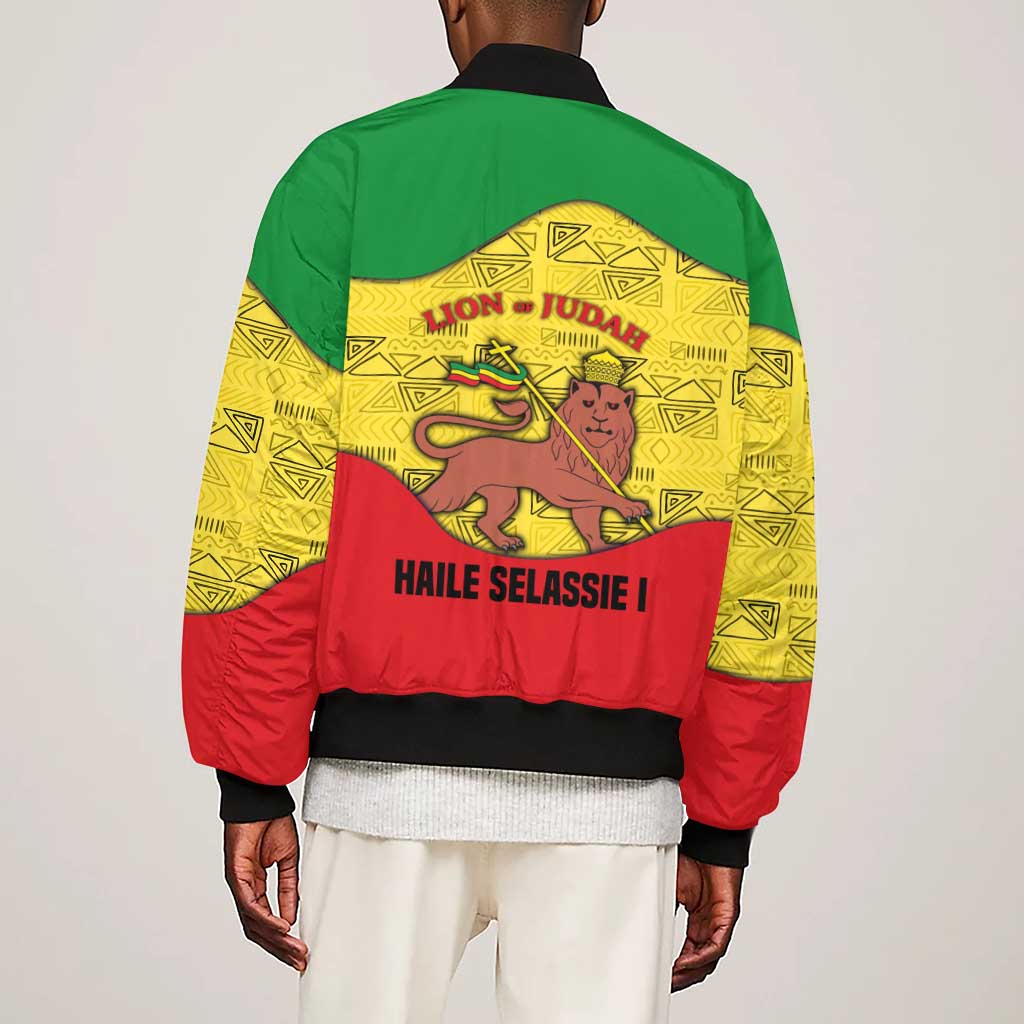 Haile Selassie I Sleeve Zip Bomber Jacket Ethiopia Lion of Judah and Conquering Lion Pattern Tribute - African Pride