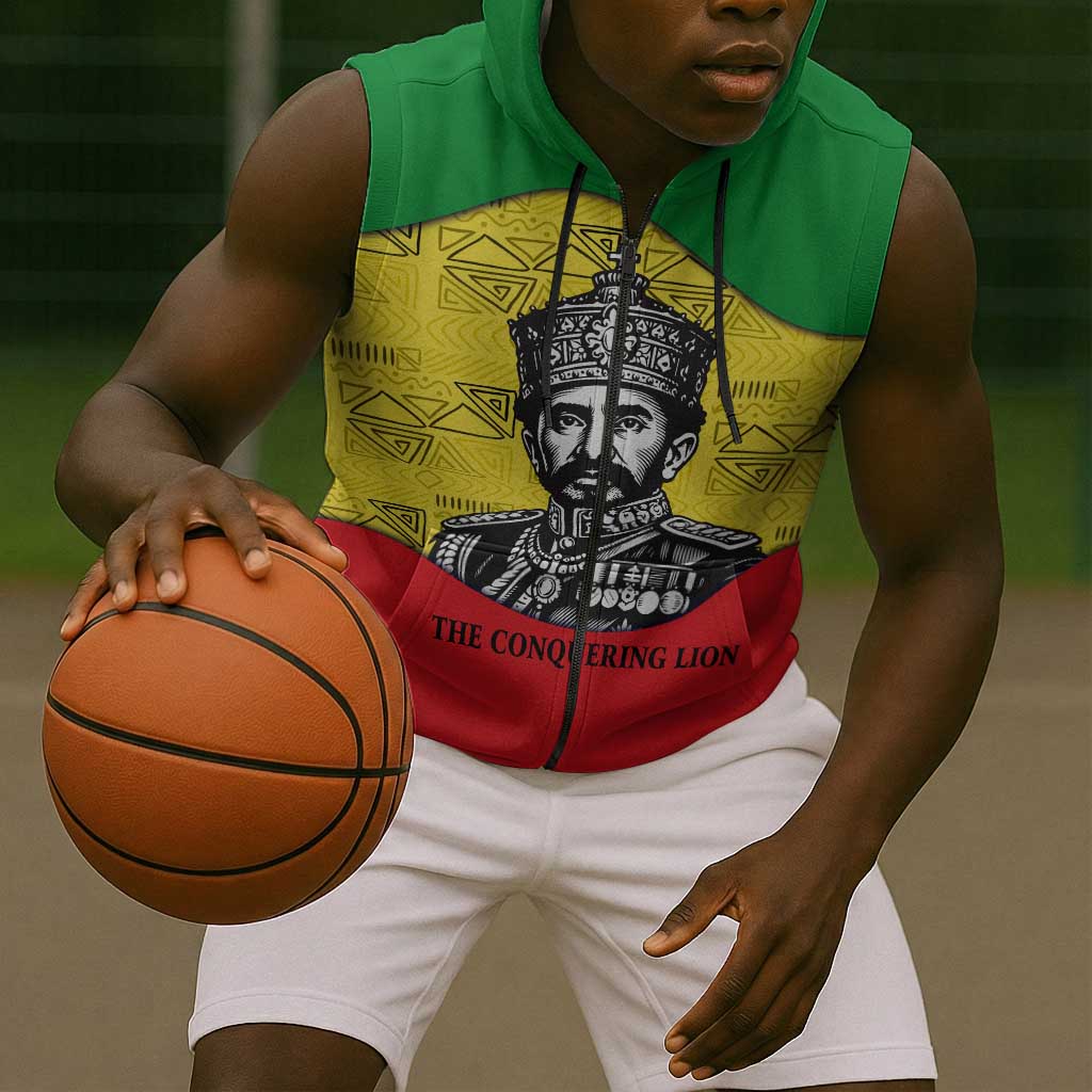 Haile Selassie I Sleeveless Zip Hoodie Ethiopia Lion of Judah and Conquering Lion Pattern Tribute - African Pride