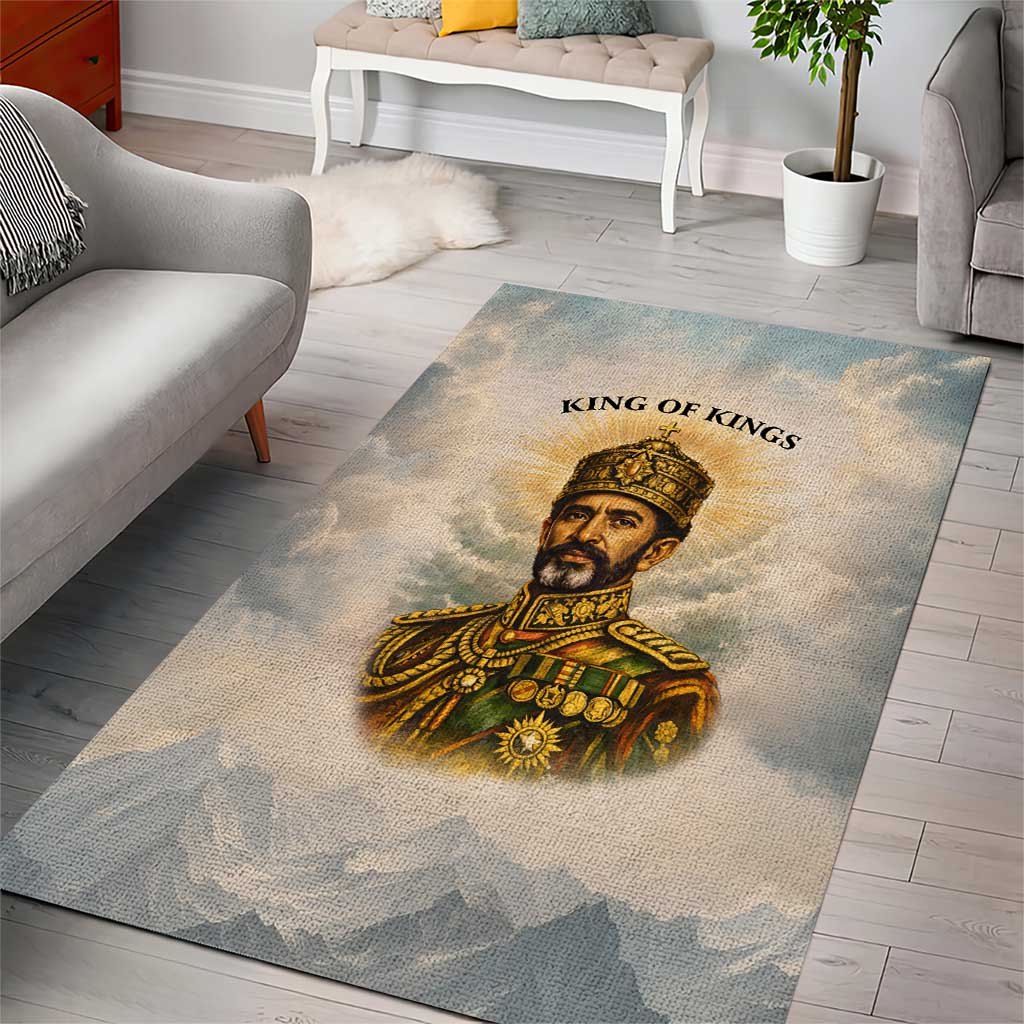 Haile Selassie I Ethiopia Area Rug with King of Kings and Conquering Lion Cloud Rays and Regal Portrait - African Pride