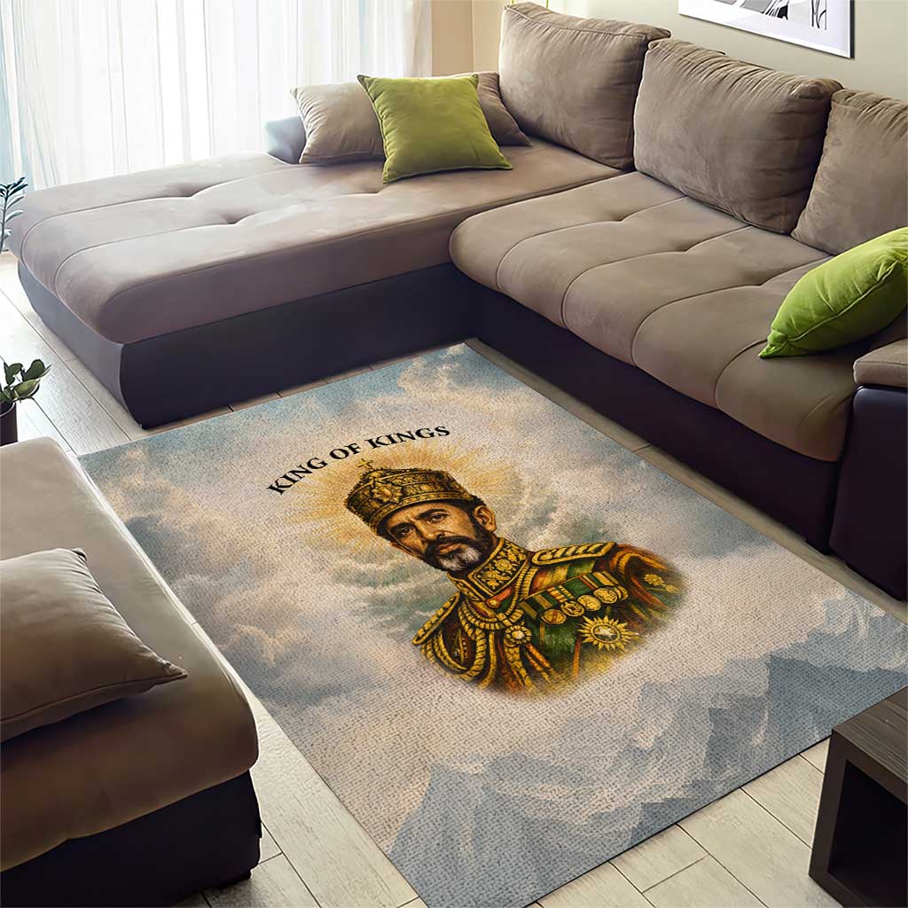 Haile Selassie I Ethiopia Area Rug with King of Kings and Conquering Lion Cloud Rays and Regal Portrait - African Pride