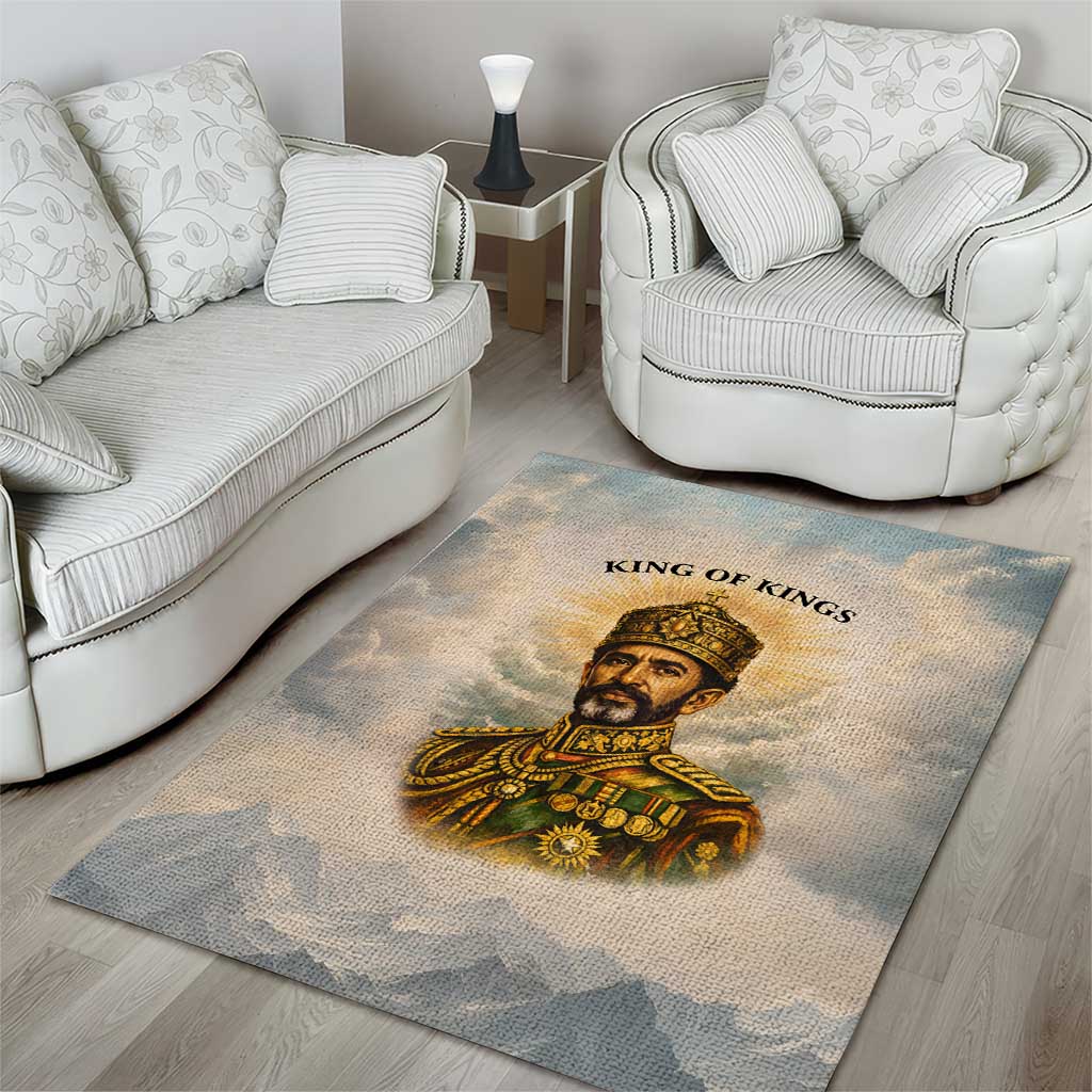 Haile Selassie I Ethiopia Area Rug with King of Kings and Conquering Lion Cloud Rays and Regal Portrait - African Pride