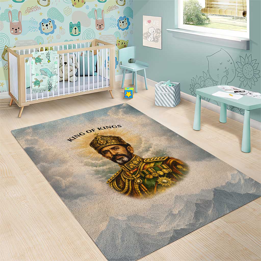 Haile Selassie I Ethiopia Area Rug with King of Kings and Conquering Lion Cloud Rays and Regal Portrait - African Pride