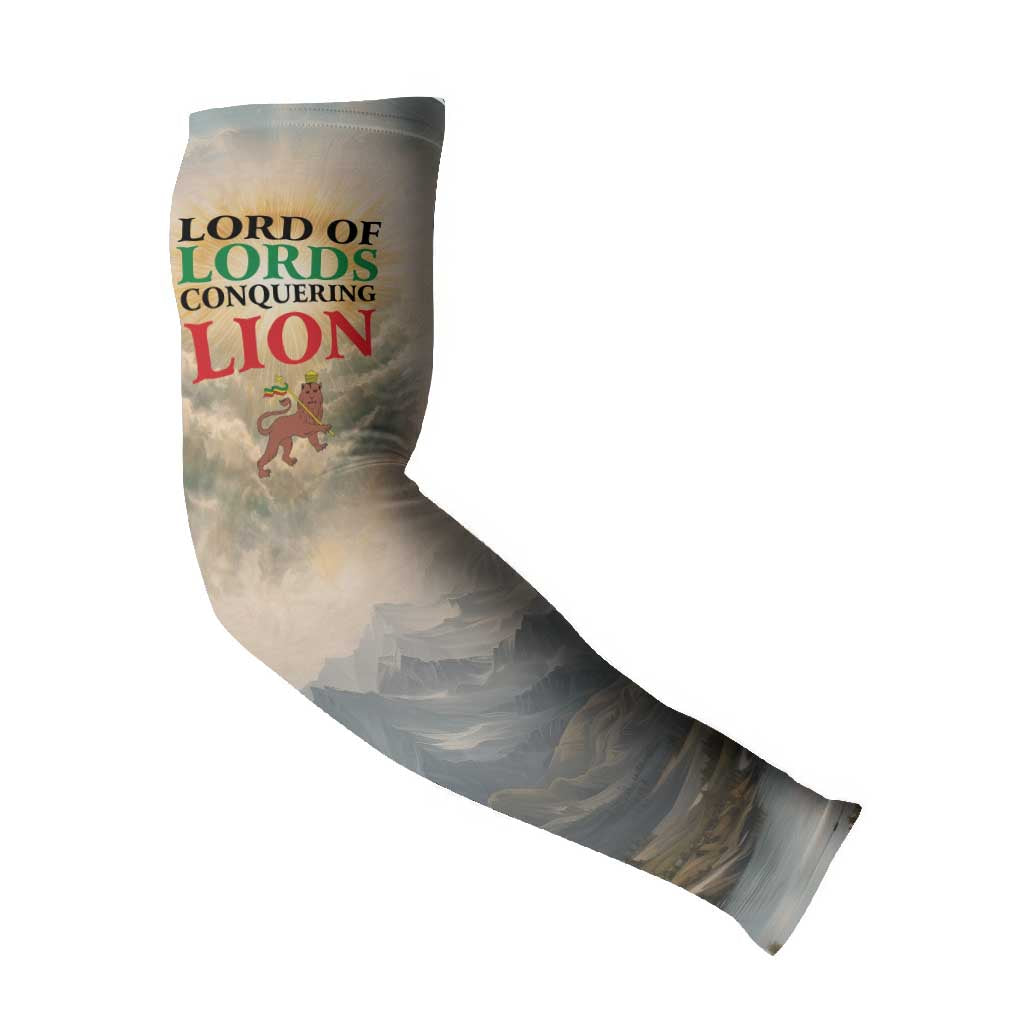 Haile Selassie I Ethiopia Arm Sleeves with King of Kings and Conquering Lion Cloud Rays and Regal Portrait