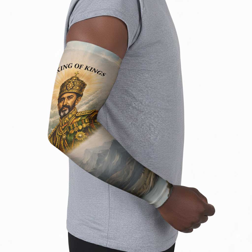 Haile Selassie I Ethiopia Arm Sleeves with King of Kings and Conquering Lion Cloud Rays and Regal Portrait