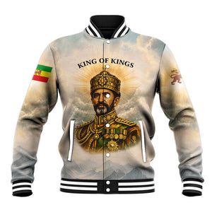 Haile Selassie I Ethiopia Baseball Jacket with King of Kings and Conquering Lion Cloud Rays and Regal Portrait