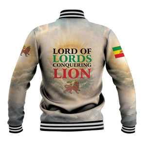 Haile Selassie I Ethiopia Baseball Jacket with King of Kings and Conquering Lion Cloud Rays and Regal Portrait