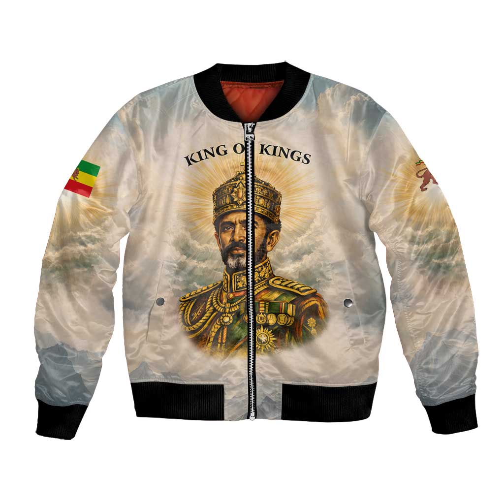 Haile Selassie I Ethiopia Bomber Jacket with King of Kings and Conquering Lion Cloud Rays and Regal Portrait