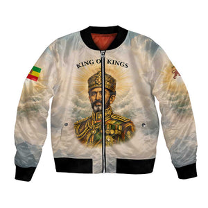 Haile Selassie I Ethiopia Bomber Jacket with King of Kings and Conquering Lion Cloud Rays and Regal Portrait