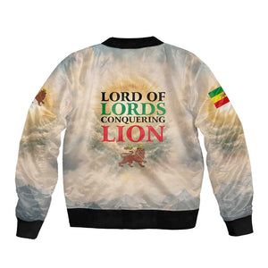 Haile Selassie I Ethiopia Bomber Jacket with King of Kings and Conquering Lion Cloud Rays and Regal Portrait