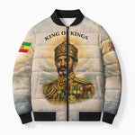 Haile Selassie I Ethiopia Bomber Puffer Jacket with King of Kings and Conquering Lion Cloud Rays and Regal Portrait