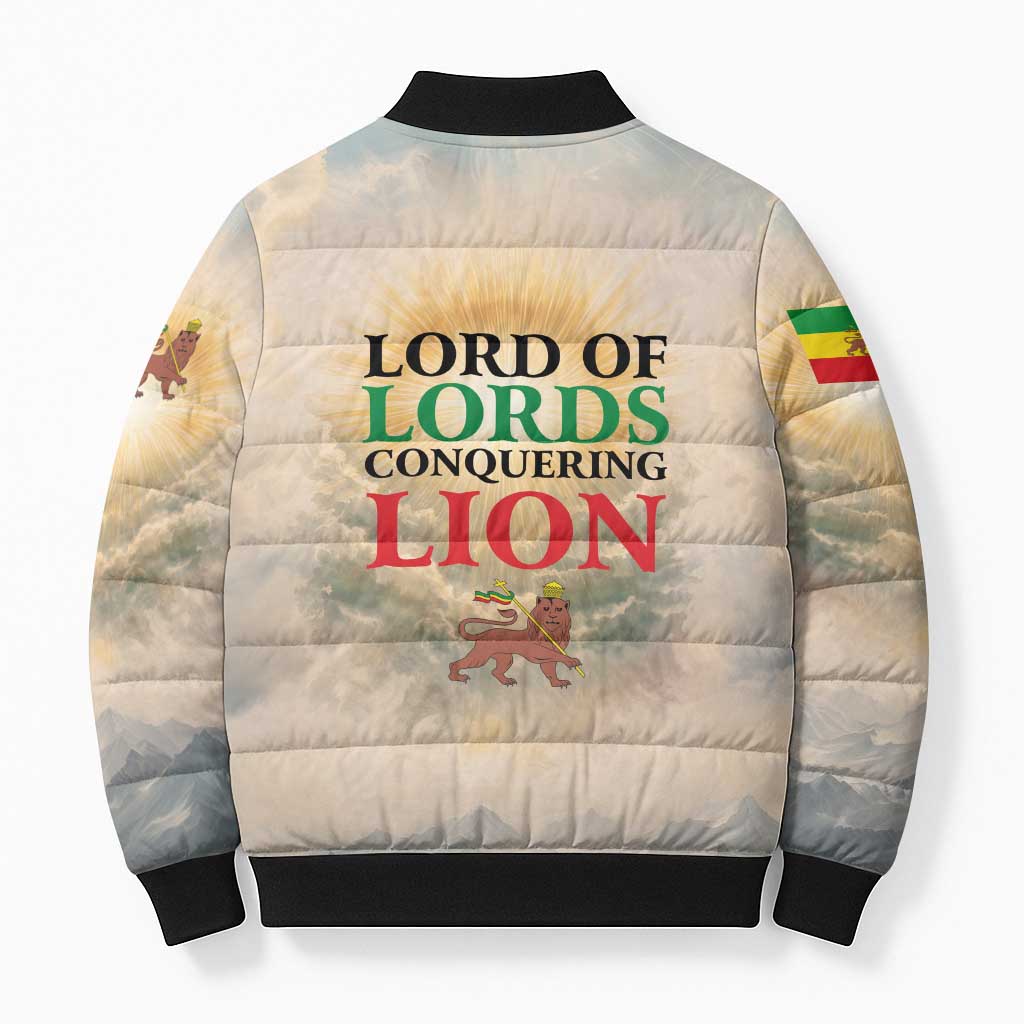 Haile Selassie I Ethiopia Bomber Puffer Jacket with King of Kings and Conquering Lion Cloud Rays and Regal Portrait