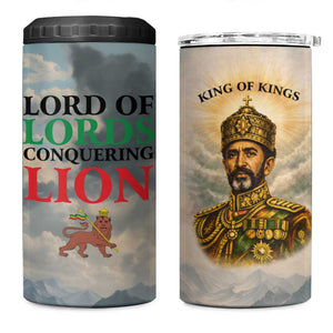 Haile Selassie I Ethiopia 4 in 1 Can Cooler Tumbler with King of Kings and Conquering Lion Cloud Rays and Regal Portrait - African Pride
