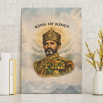 Haile Selassie I Ethiopia Canvas Wall Art with King of Kings and Conquering Lion Cloud Rays and Regal Portrait - African Pride