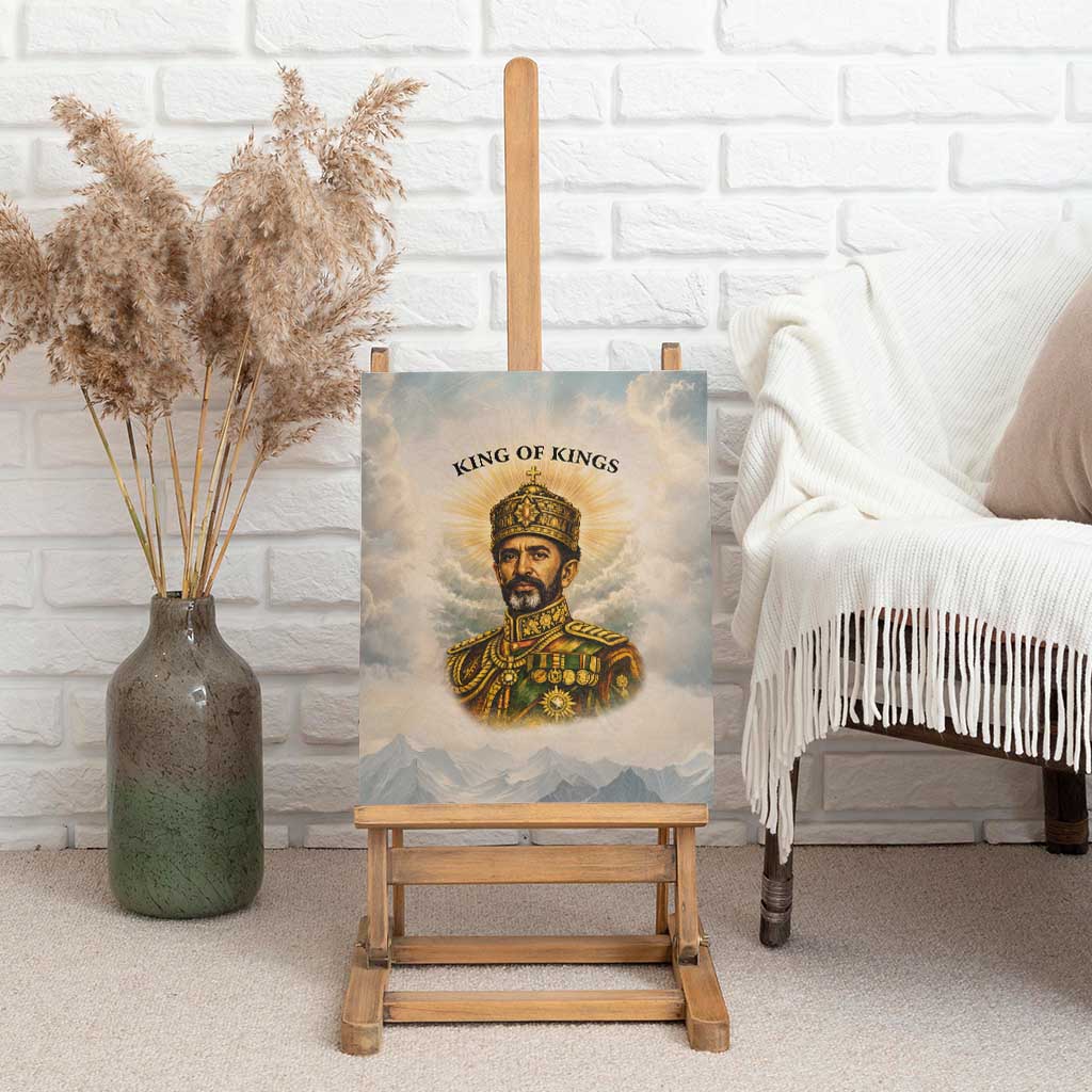 Haile Selassie I Ethiopia Canvas Wall Art with King of Kings and Conquering Lion Cloud Rays and Regal Portrait - African Pride