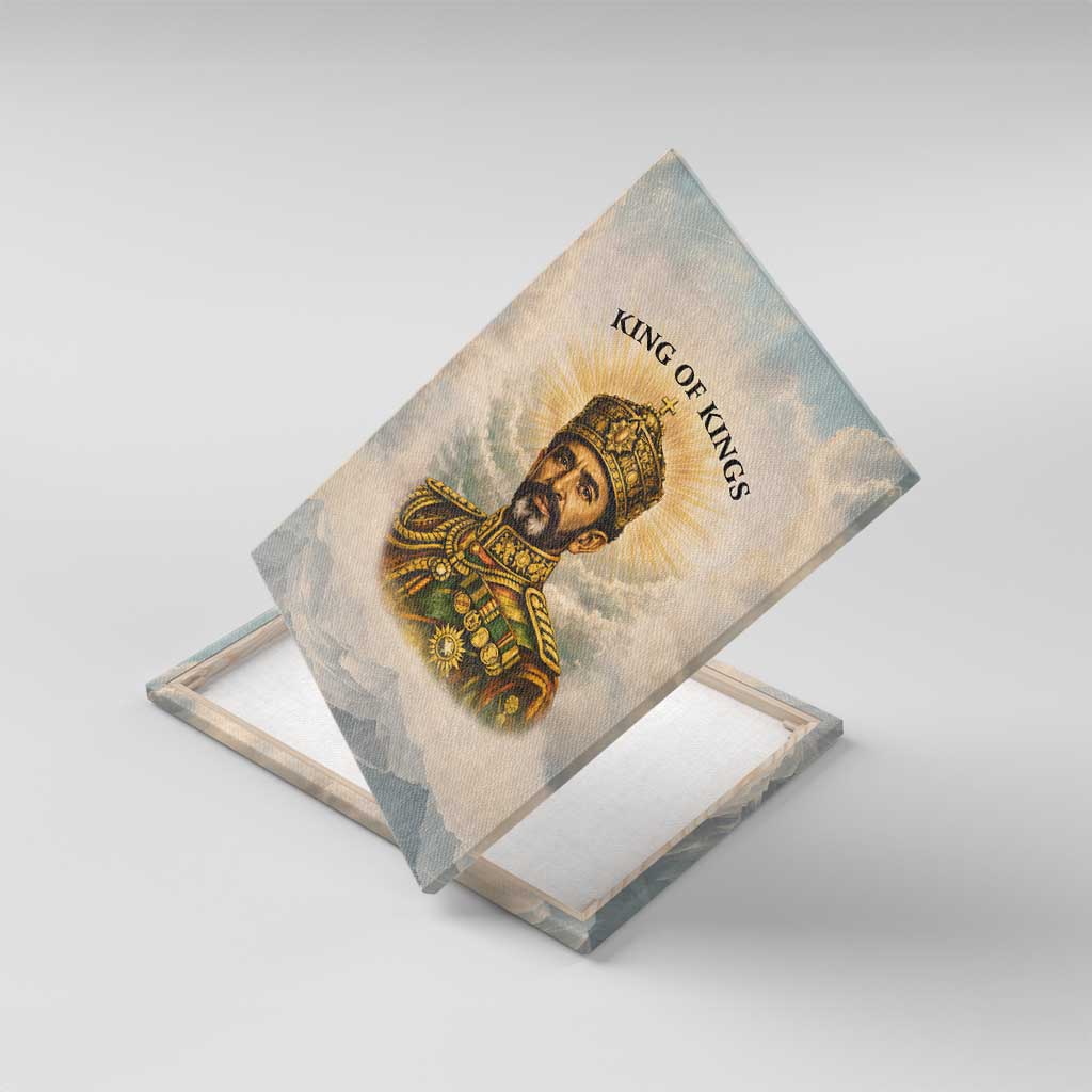 Haile Selassie I Ethiopia Canvas Wall Art with King of Kings and Conquering Lion Cloud Rays and Regal Portrait - African Pride