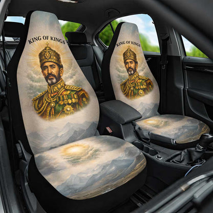 Haile Selassie I Ethiopia Car Seat Cover with King of Kings and Conquering Lion Cloud Rays and Regal Portrait - African Pride
