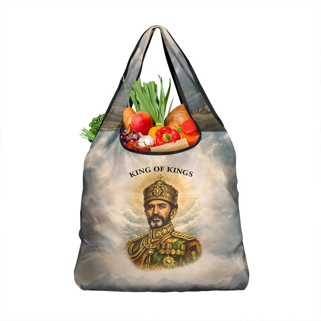 Haile Selassie I Ethiopia Grocery Bag with King of Kings and Conquering Lion Cloud Rays and Regal Portrait - African Pride